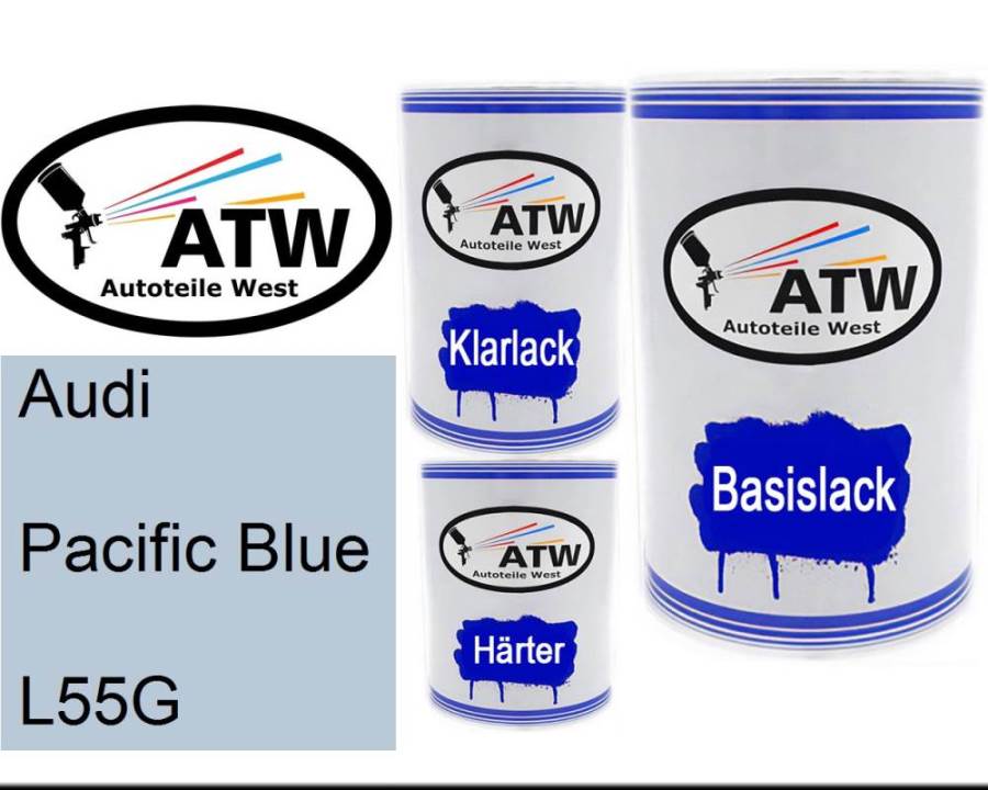 Audi, Pacific Blue, L55G: 500ml Lackdose + 500ml Klarlack + 250ml Härter - Set, von ATW Autoteile West.